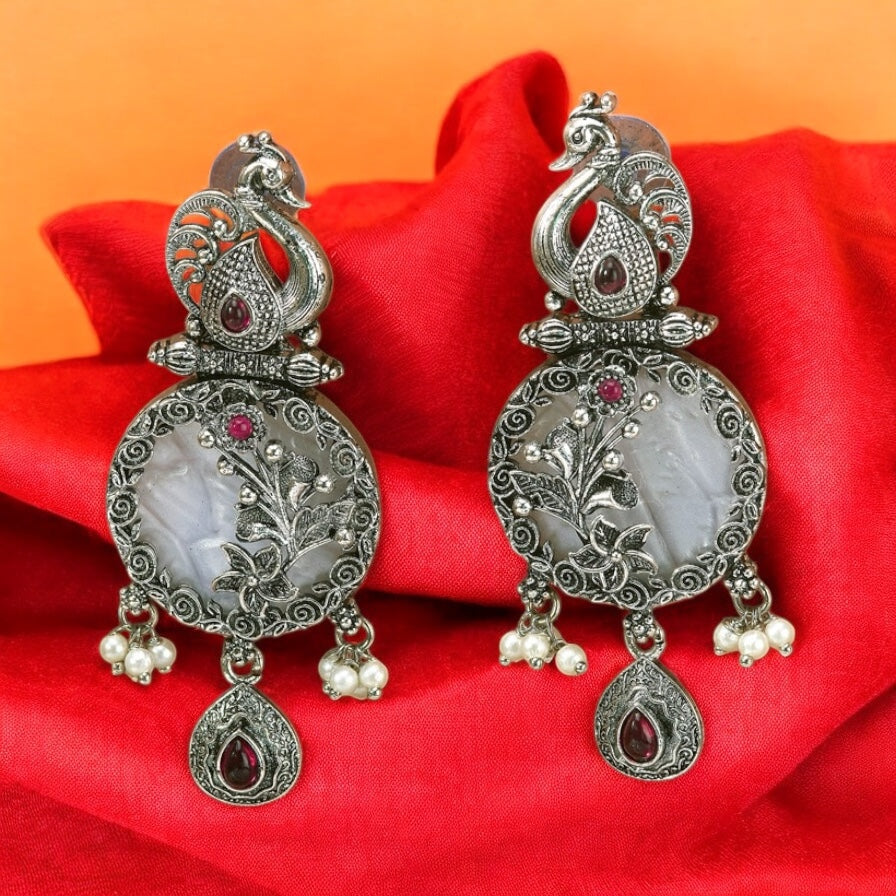 807198 Peacock Earring With Oxidised Plating-Ruby