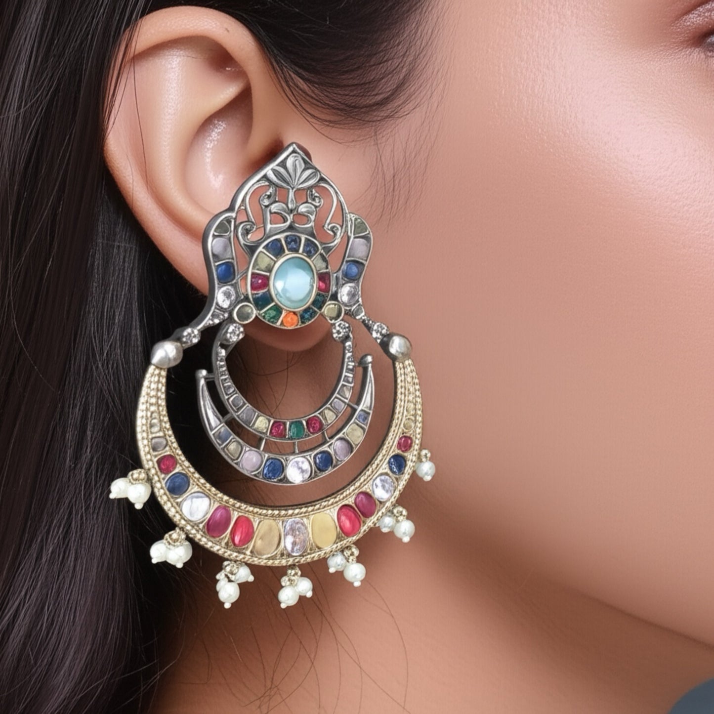 94509-ERO Pretty Precious Fashion Oxidised Silver Stylish Party Wear Earrings for Women and Girls-Multi