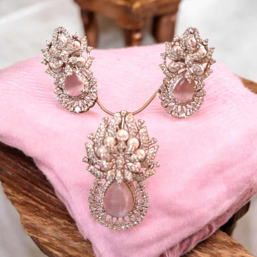 97459-PS-American Diamond Delicate Pendant Set With Rhodium Plating-Pink Moti