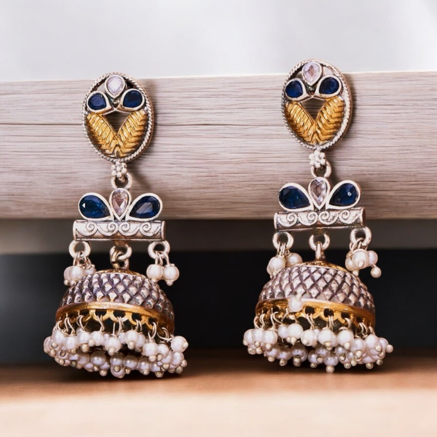 807521 Oxidised Pearl Jhumki With 2 Tone Plating-Blue