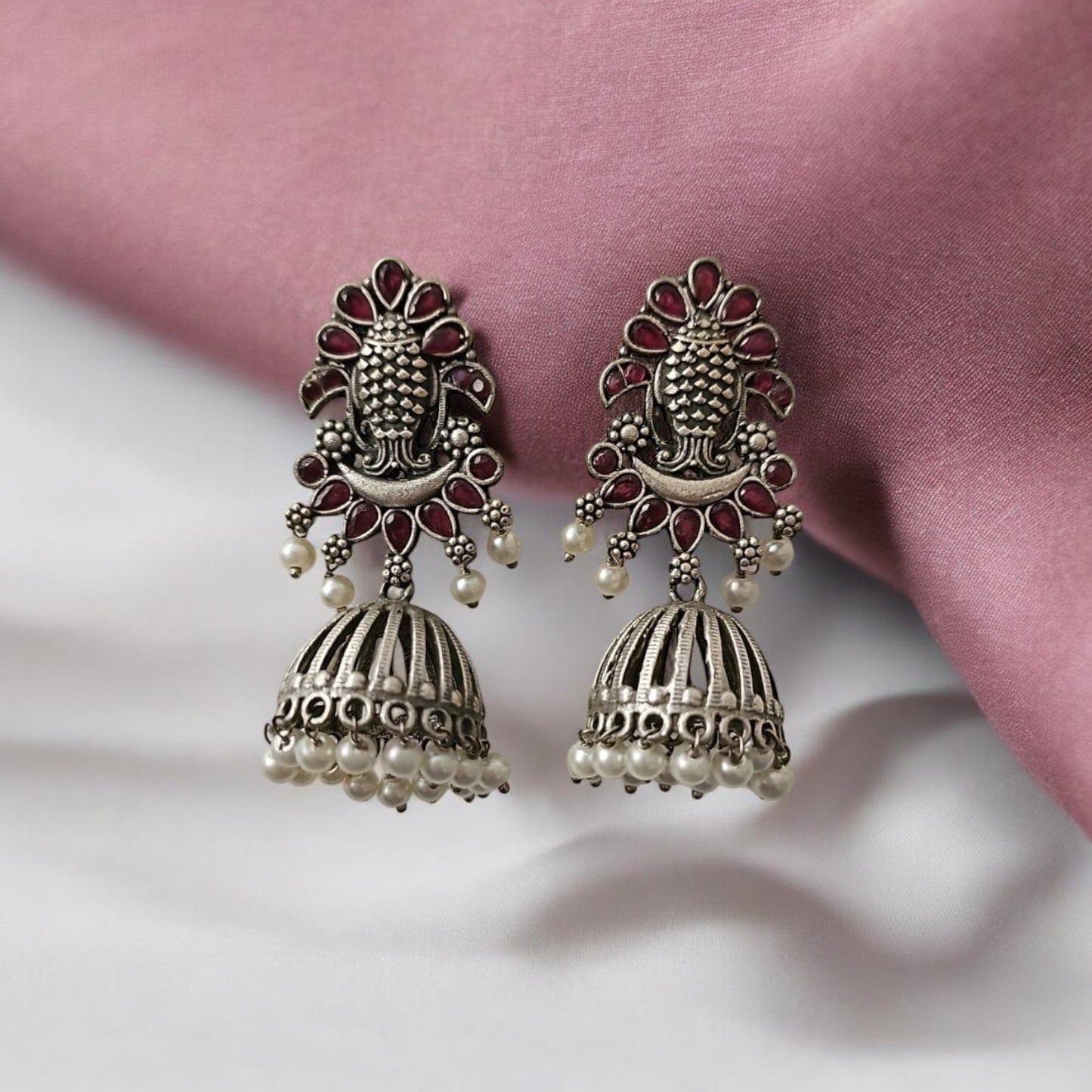 804974 Pretty Precious Fashion Oxidised Silver Stylish Party Wear Earrings for Women and Girls-Ruby