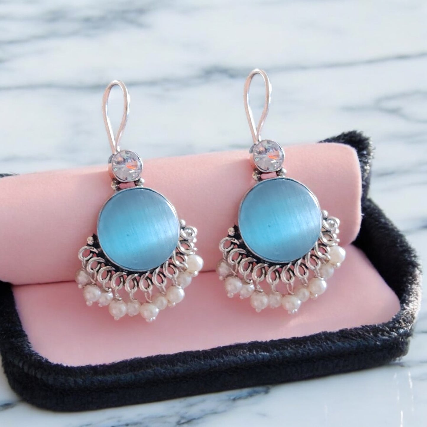 91509-ERO Pretty Precious Fashion Oxidised Silver Stylish Party Wear Earrings for Women and Girls-Aqua