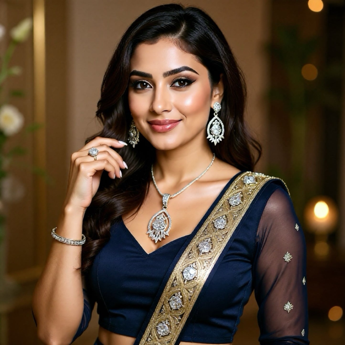 93909-PS-American Diamond Delicate Pendant Set With Rhodium Plating-White