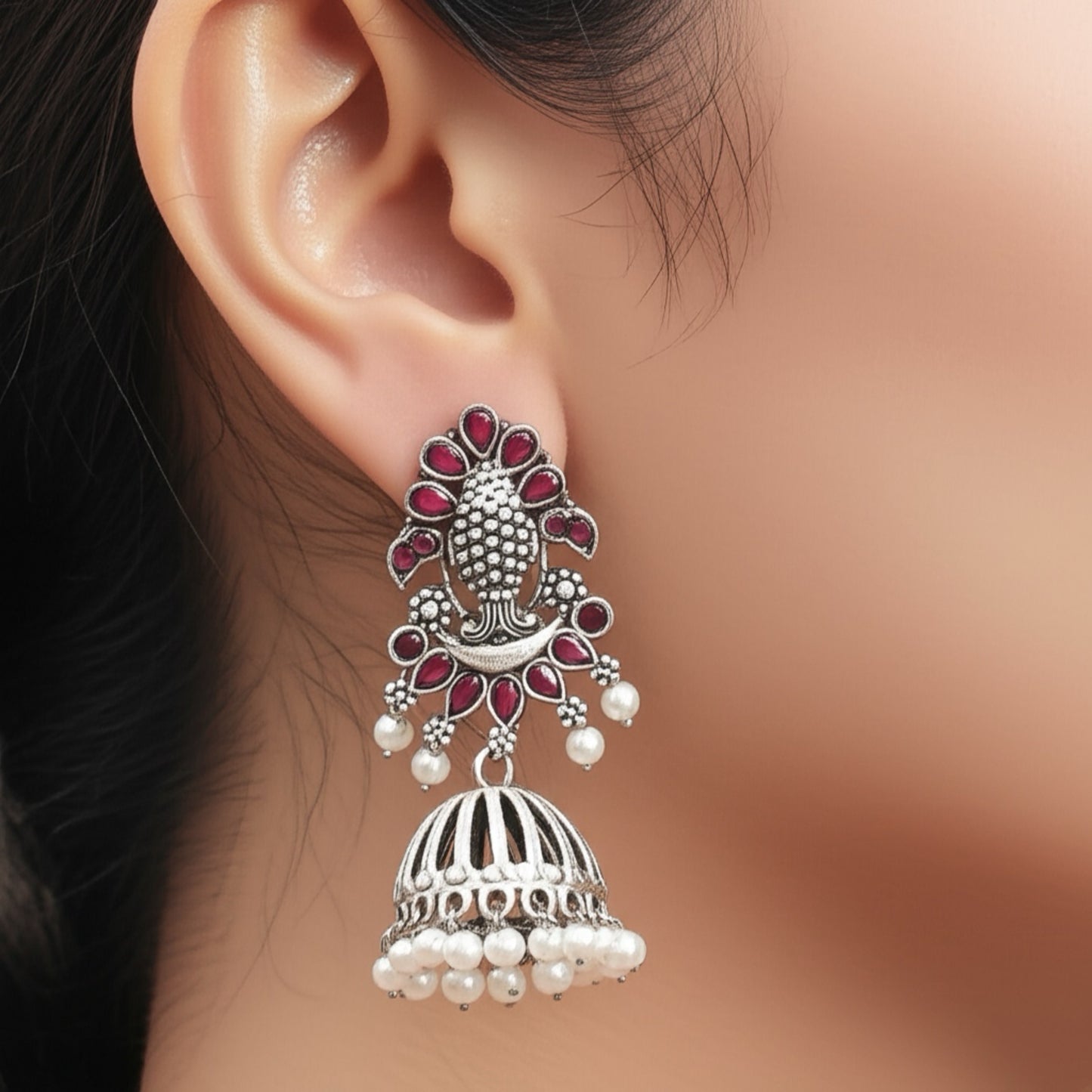 804974 Pretty Precious Fashion Oxidised Silver Stylish Party Wear Earrings for Women and Girls-Ruby