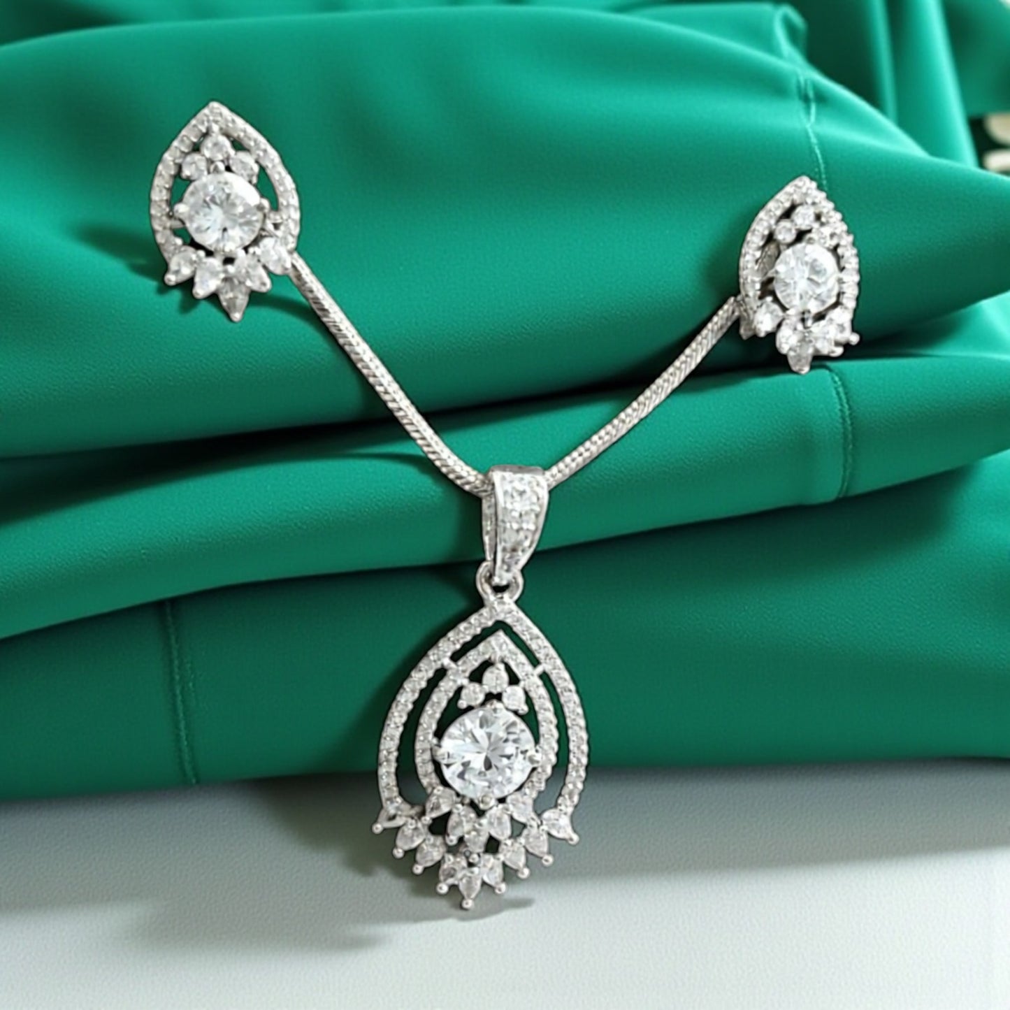 93909-PS-American Diamond Delicate Pendant Set With Rhodium Plating-White