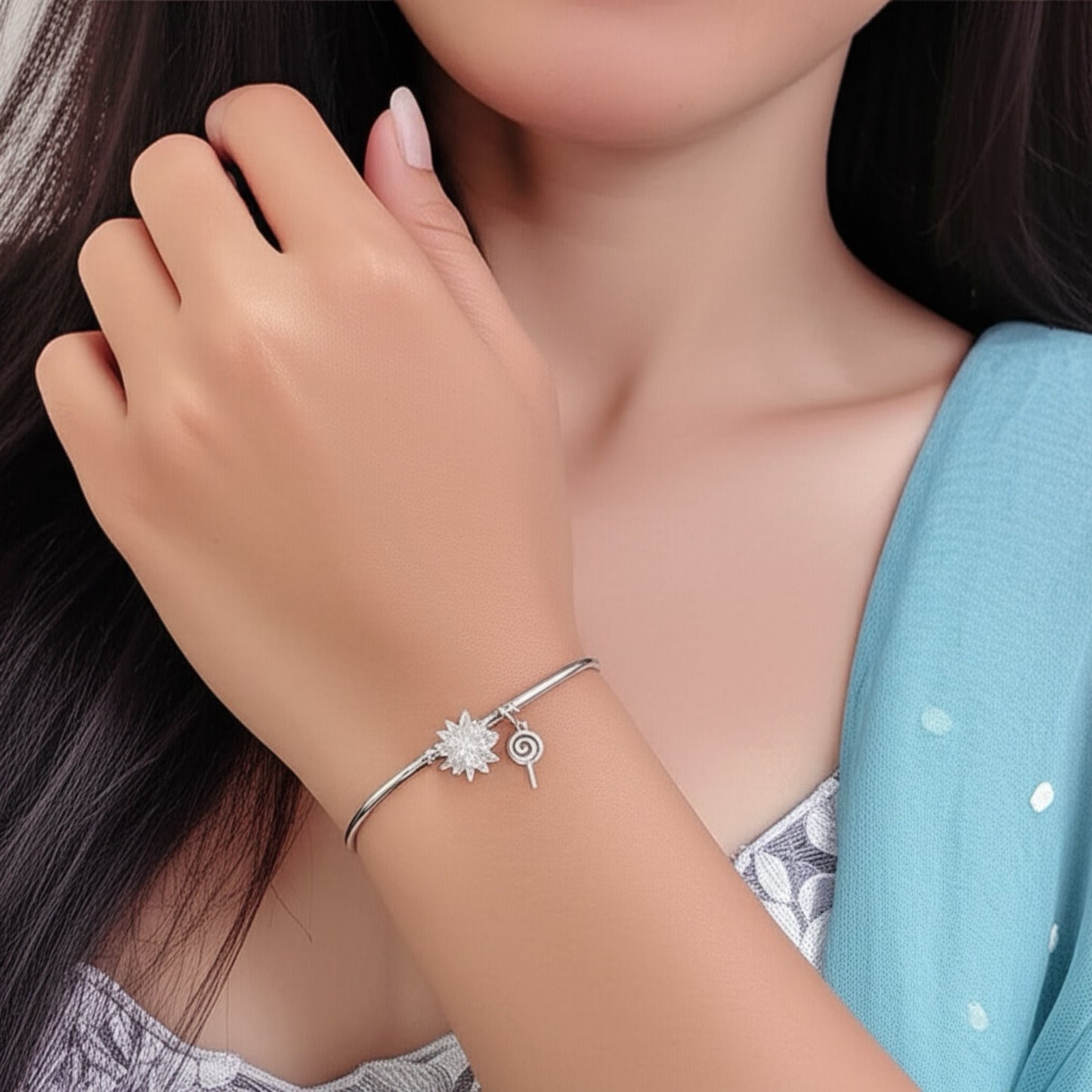 122381-Western Classic Trendy Kada with Rose & Silver Plating