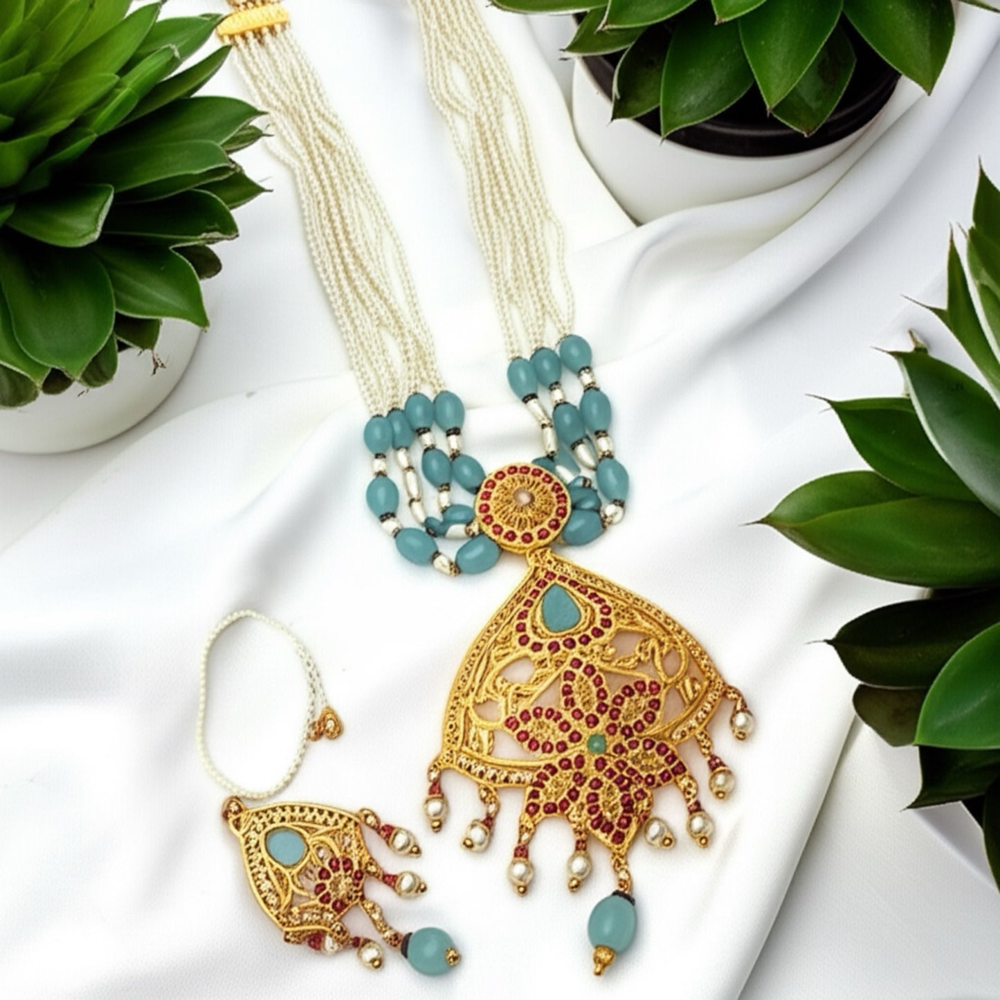 MJ-NS-922009 - Jadau Neckles Set Choker 1gm 24K Gold Plating-Blue