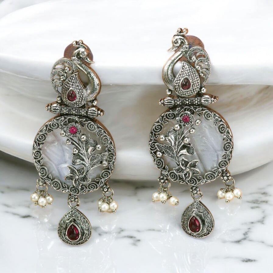 807198 Peacock Earring With Oxidised Plating-Ruby