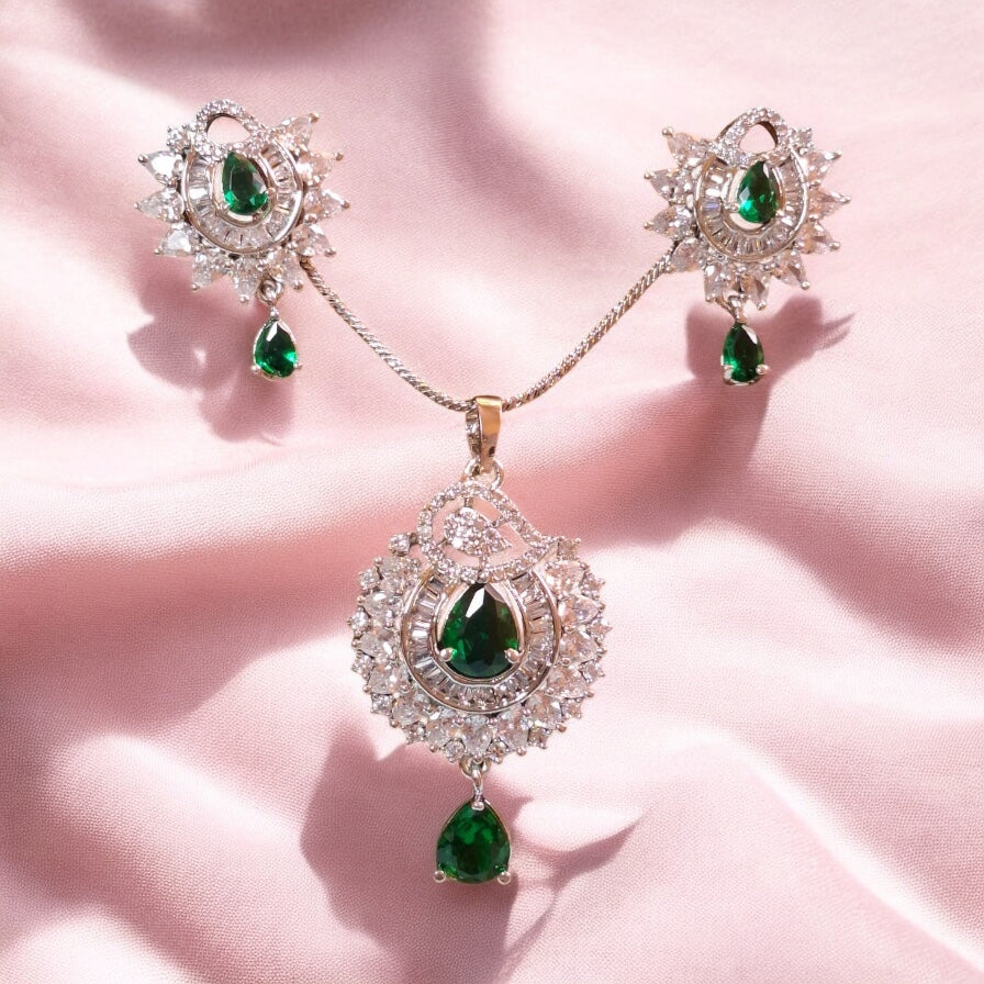 94209-PS-American Diamond Delicate Pendant Set With Rhodium Plating-Green