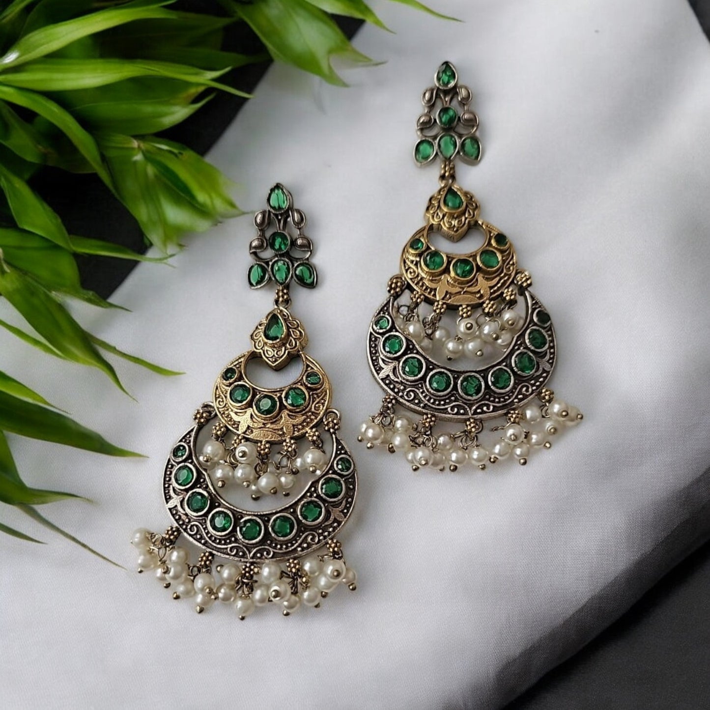 806424 Pretty Precious Fashion Oxidised Silver Stylish Party Wear Earrings for Women and Girls-Green