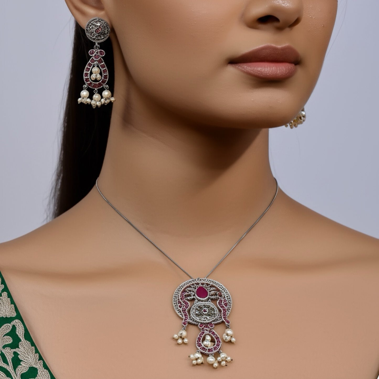 EOX35350 Pendant Set With Oxidized Plating-Ruby