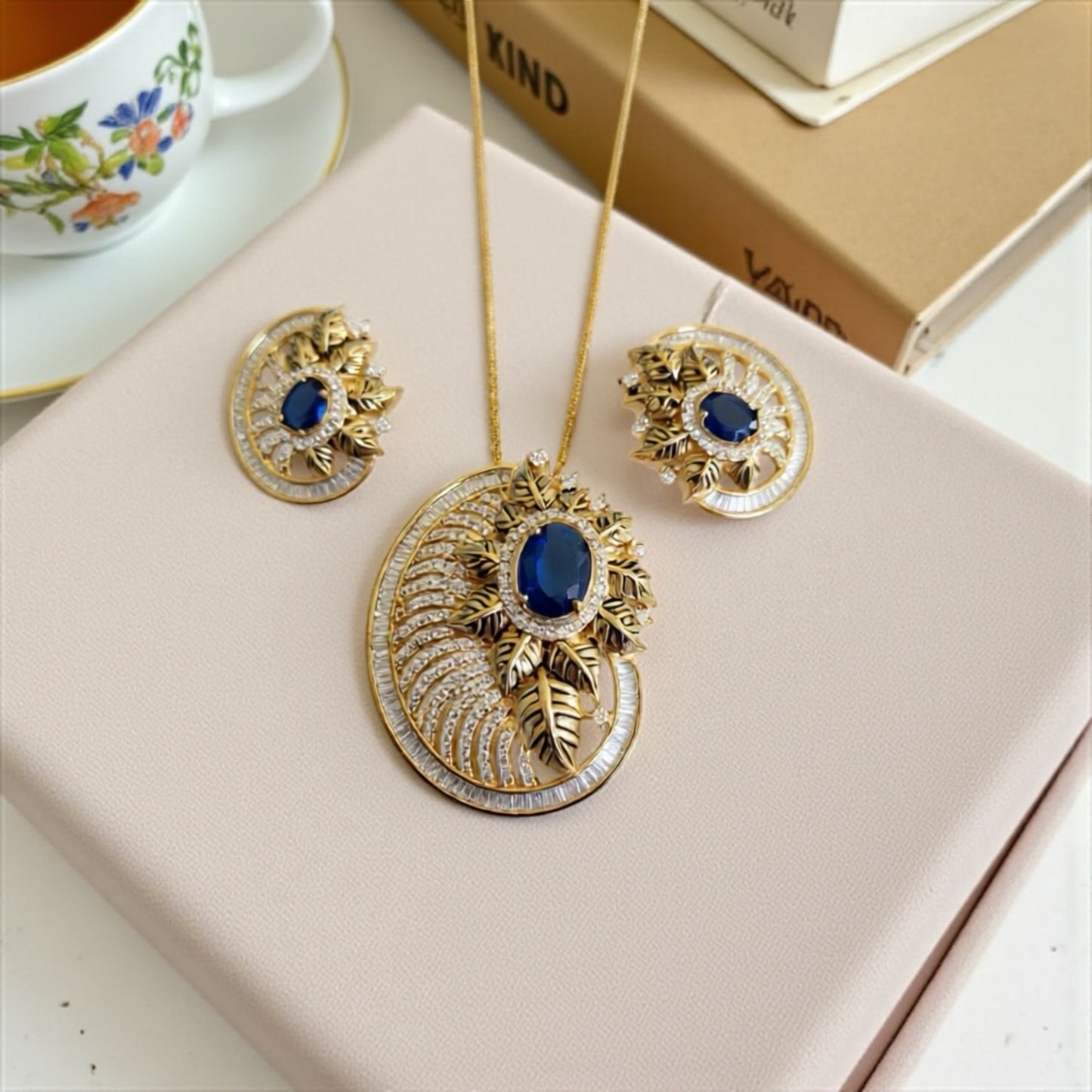 98009-PS-American Diamond Delicate Pendant Set With Gold Plating-Dark Blue