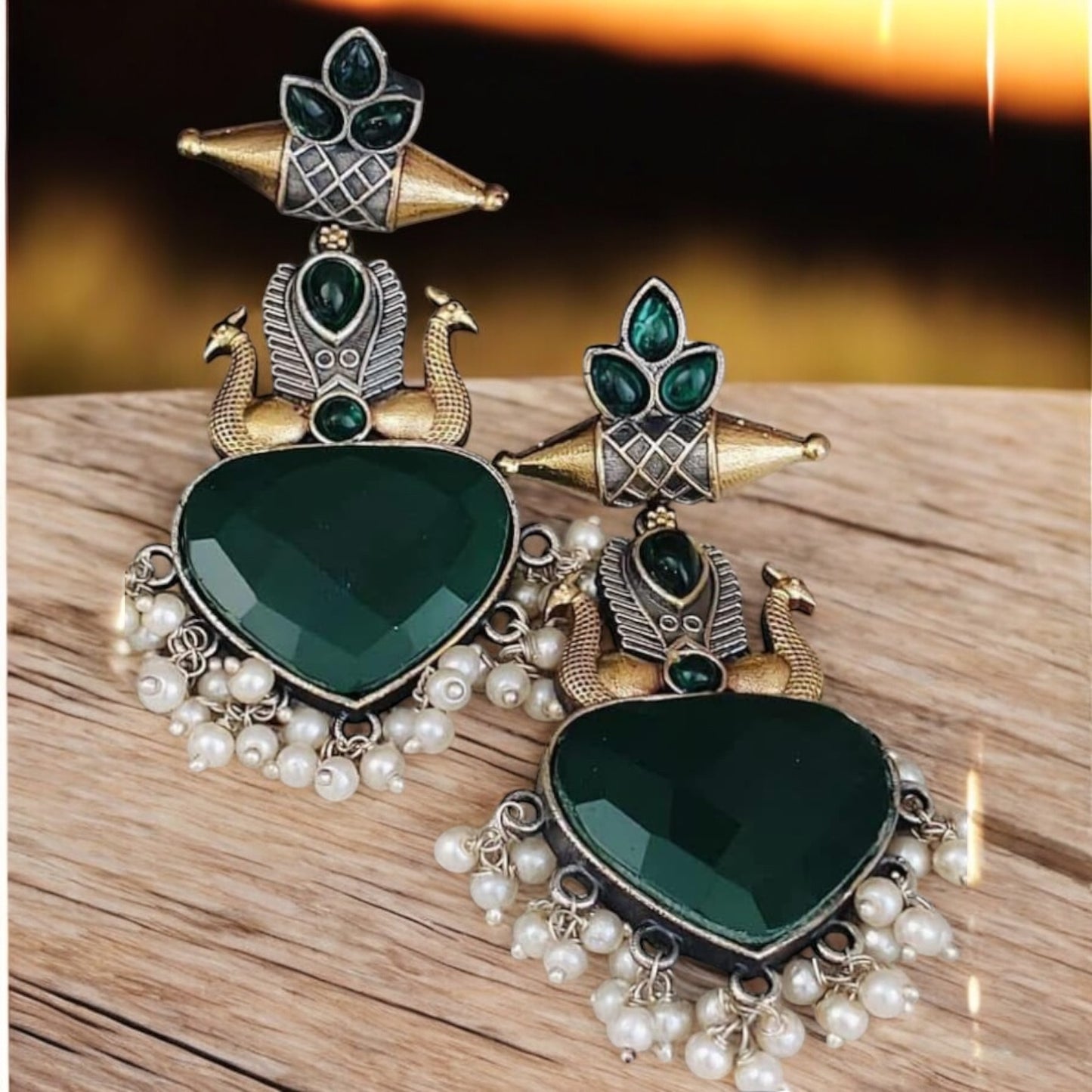 94509-ERO Pretty Precious Fashion Oxidised Silver Stylish Party Wear Earrings for Women and Girls-Green