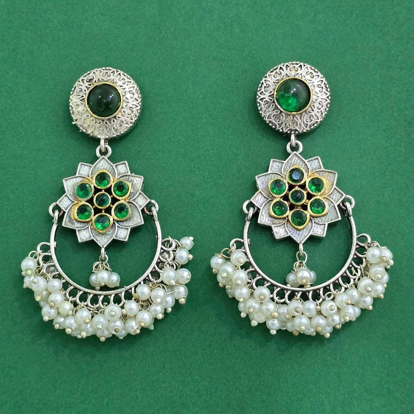 809603 Oxidised Classic Earring With 2 Tone Plating-Green