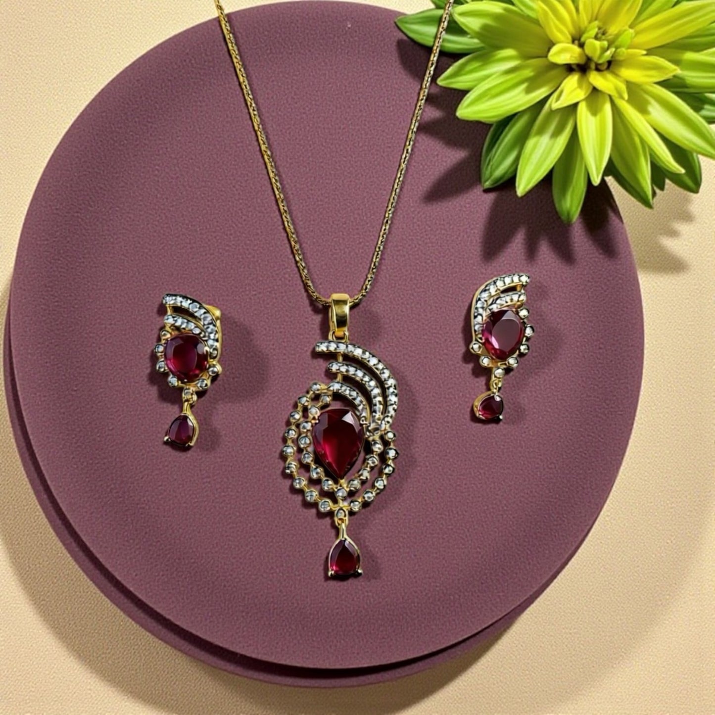 1058-American Diamond Delicate Pendant Set -Ruby