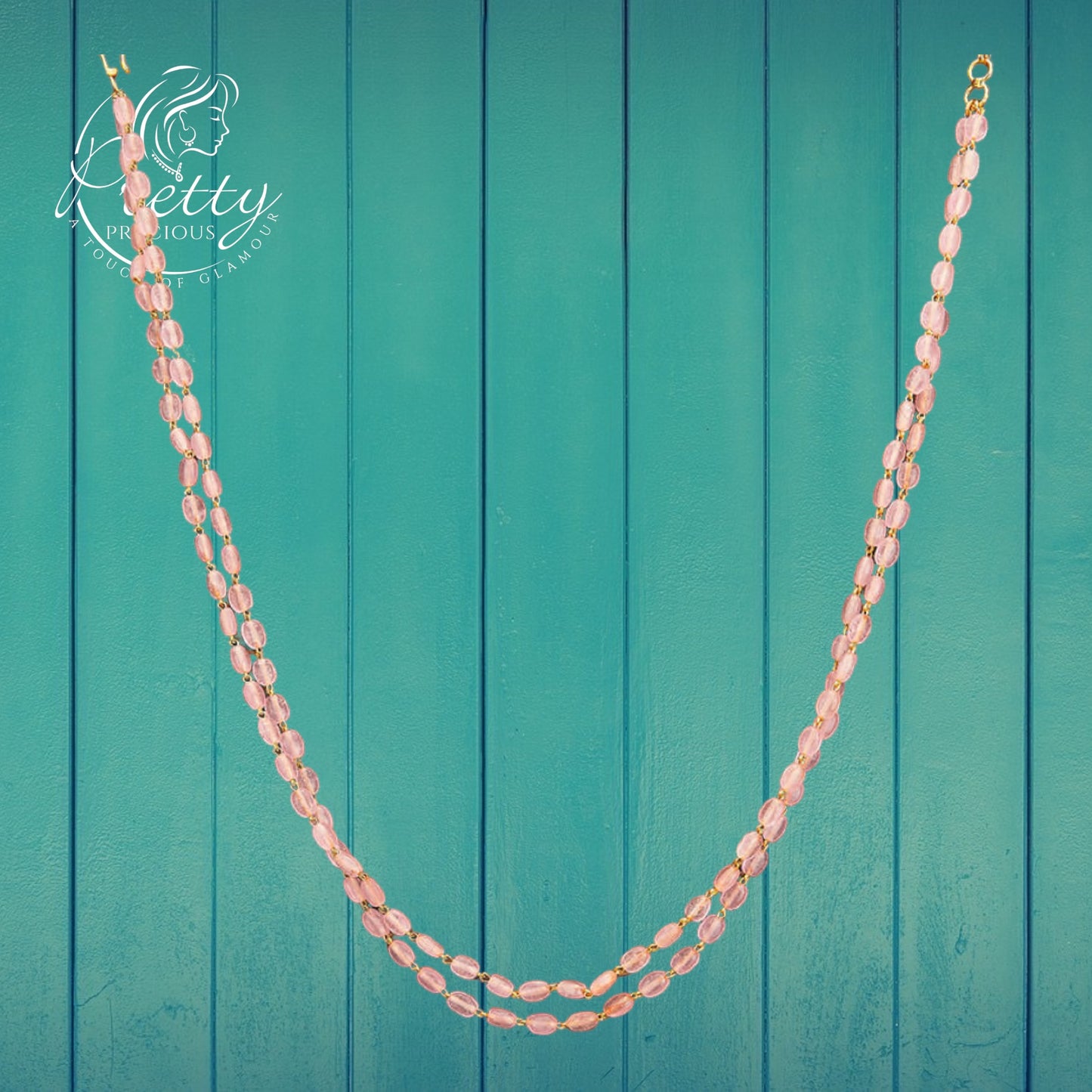 429438 Cubic Zirconia 2 Line Necklace With Gold Plating-Pink