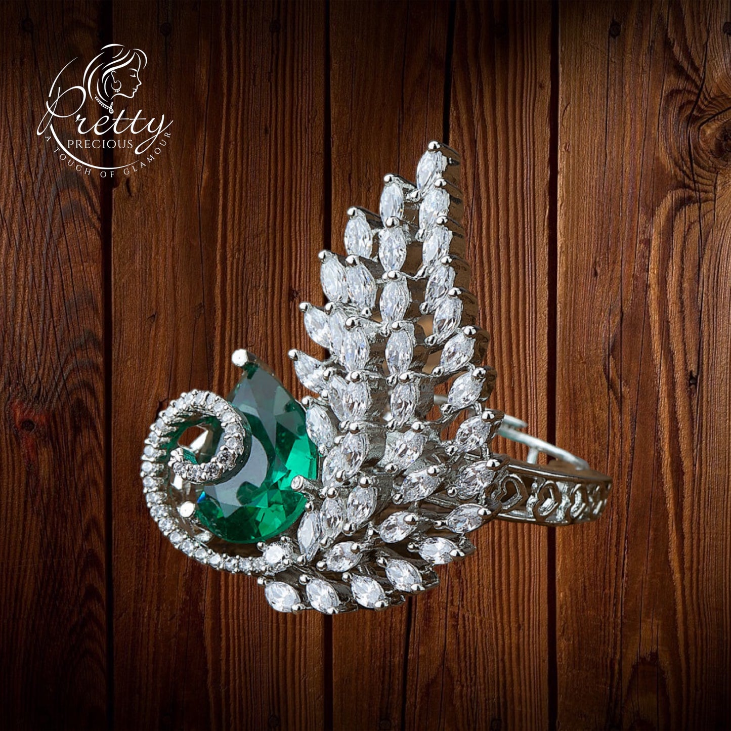 430598-Cubic Zirconia Adjustable Ring With Rhodium Plating-Ramgreen