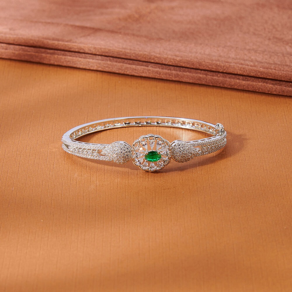 435189 Cubic Zirconia Delicate Kada With Rhodium Plating-Green