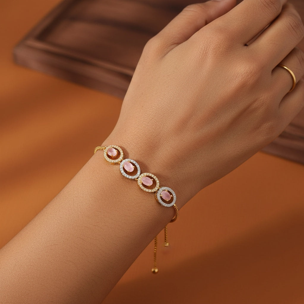 435089 Cubic Zirconia Adjustable Bracelet With 2 Tone Plating-Pink