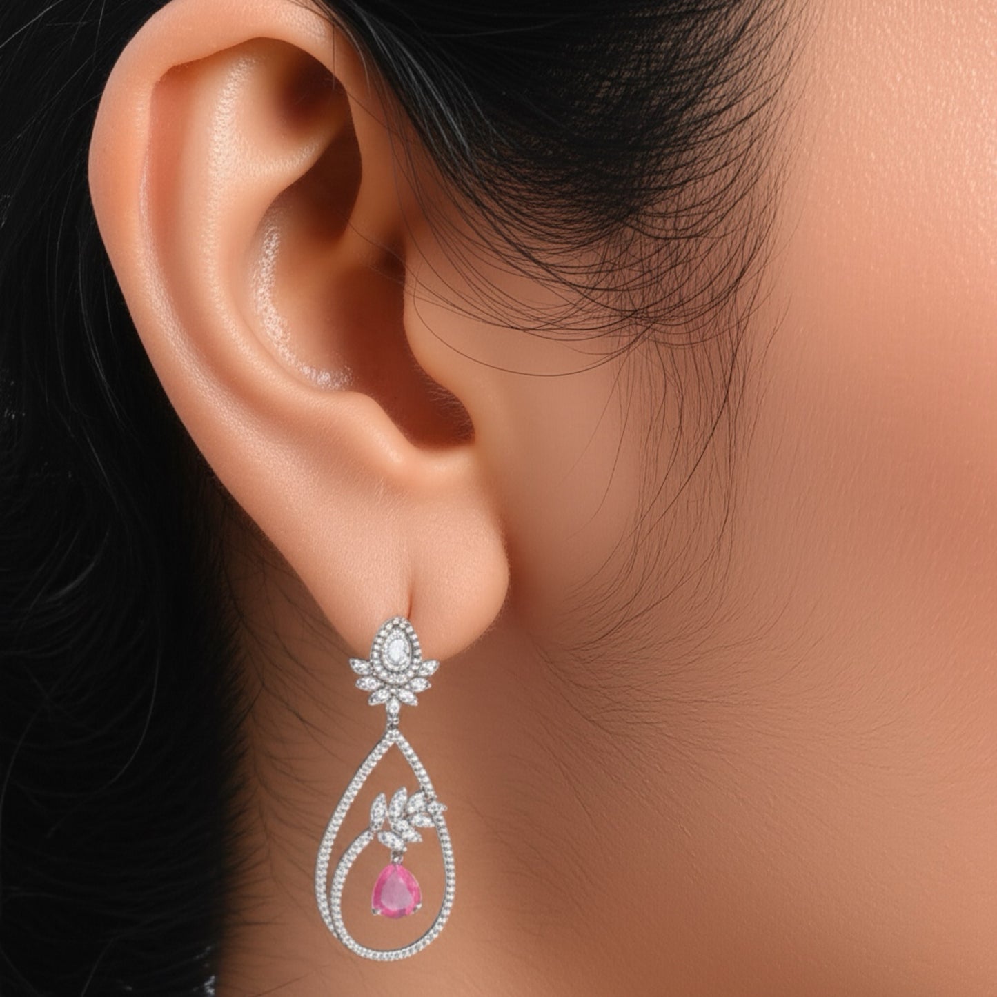 427316 Cz Classic Earring With Rhodium Plating-Pink