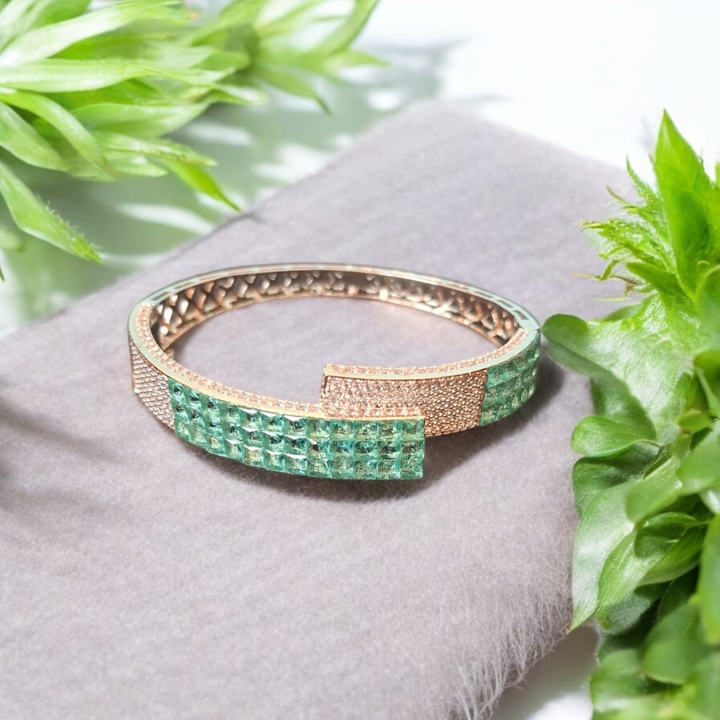 94559-KD Cubic Zirconia Classic Kada With Rhodium Plating-Green