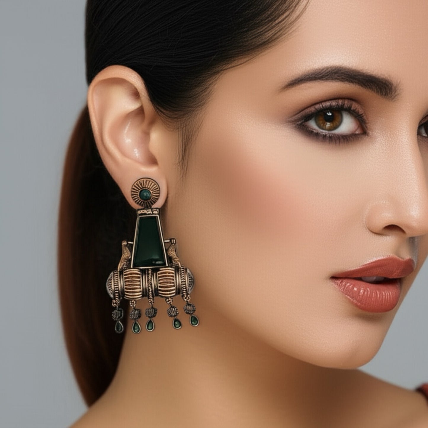 OXE-35425 Pretty Precious Fashion Oxidised Silver Stylish Party Wear Earrings for Women and Girls-Green