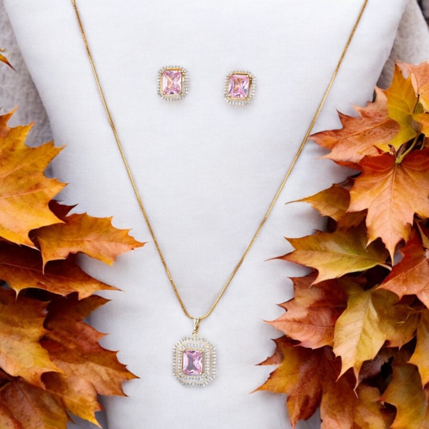 431223-American Diamond Delicate Pendant Set With Gold Plating-Hydra Pink