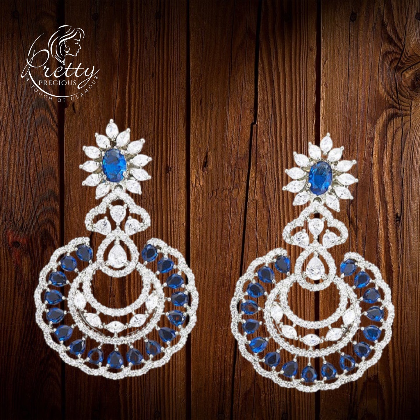 427108 Cz Short Earring With Rhodium Plating-Blue