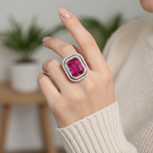 439314 Cz Adjustable Ring With Rhodium Plating-Ruby