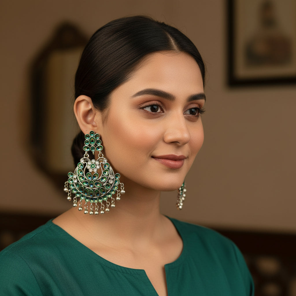 1343-(Design-1)-Pretty Precious Oxidised Silver Peacock Chandbali Earrings for Women, Party Wear Dangle Earrings with Cubic Zirconia Stones, Silver Plating