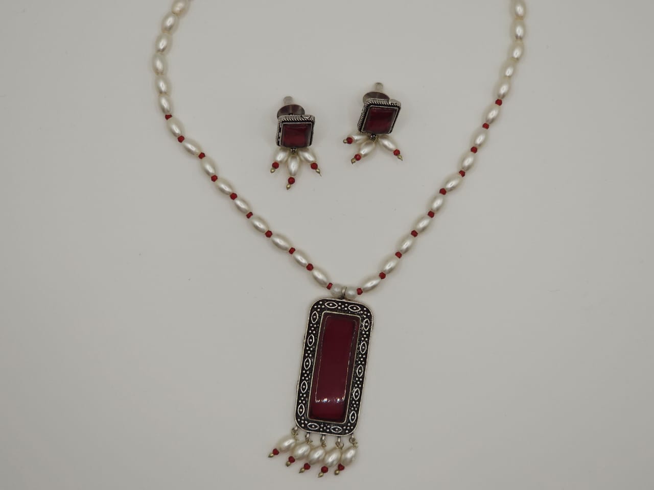 803866 Classic Pendant Set With Oxidised Plating-Ruby