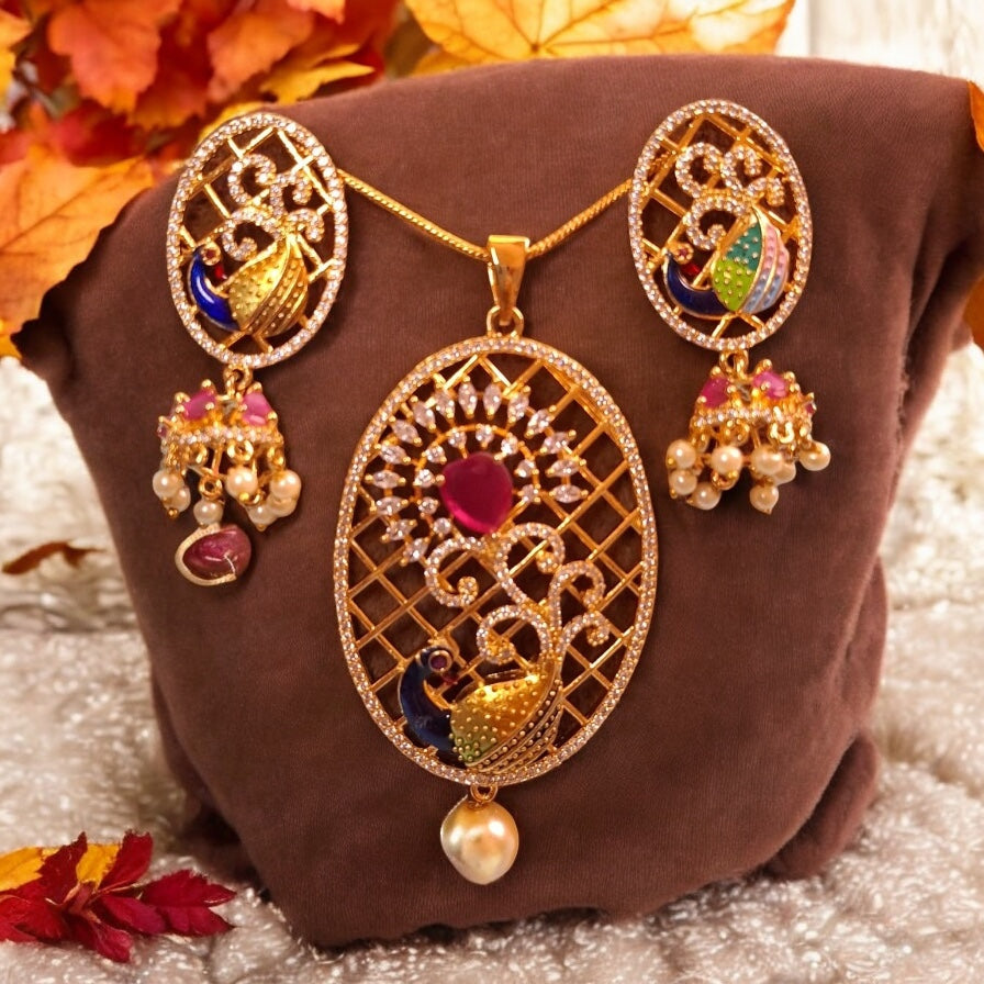 98759-PS-American Diamond Delicate Pendant Set With Gold Plating with Meenakari