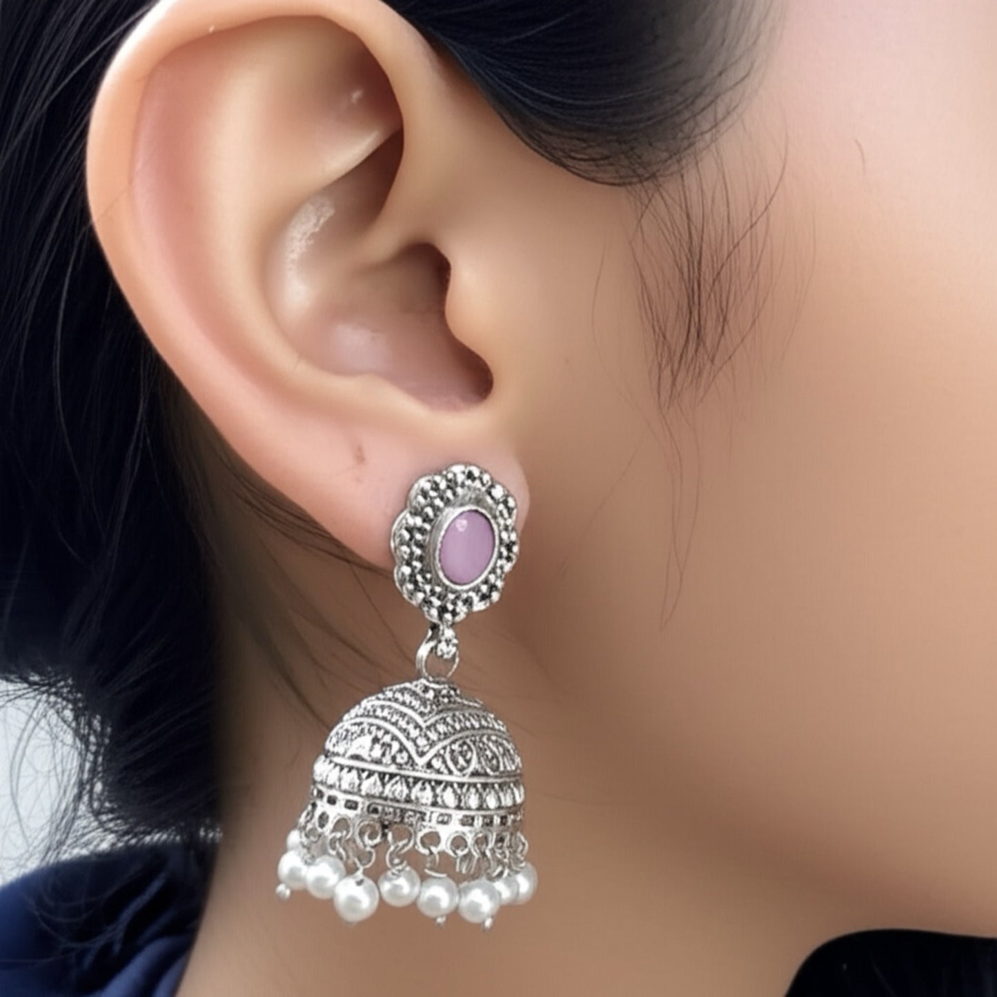 35105 Pretty Precious Fashion Oxidised Silver Stylish Party Wear Earrings for Women and Girls-Pink