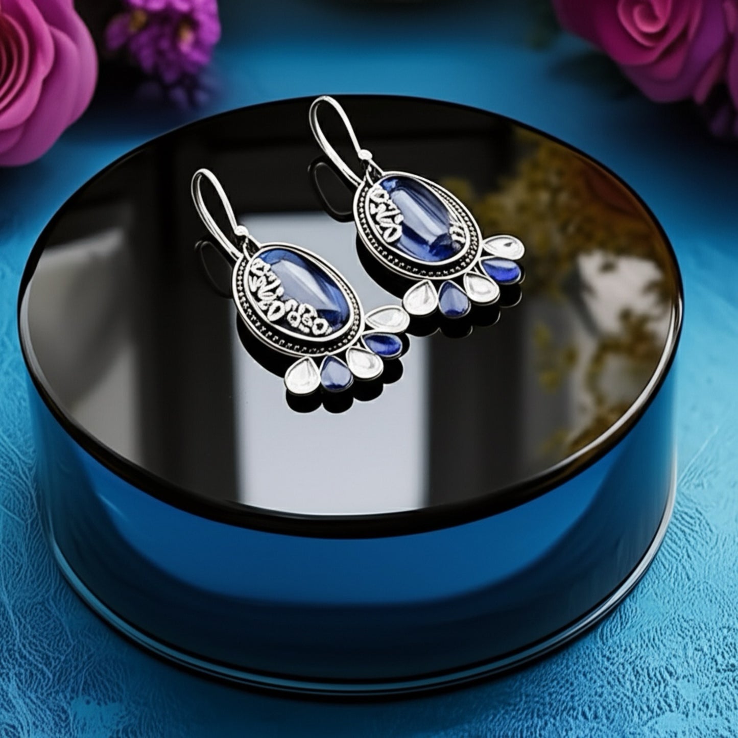 91509-ERO Pretty Precious Fashion Oxidised Silver Stylish Party Wear Earrings for Women and Girls-Blue