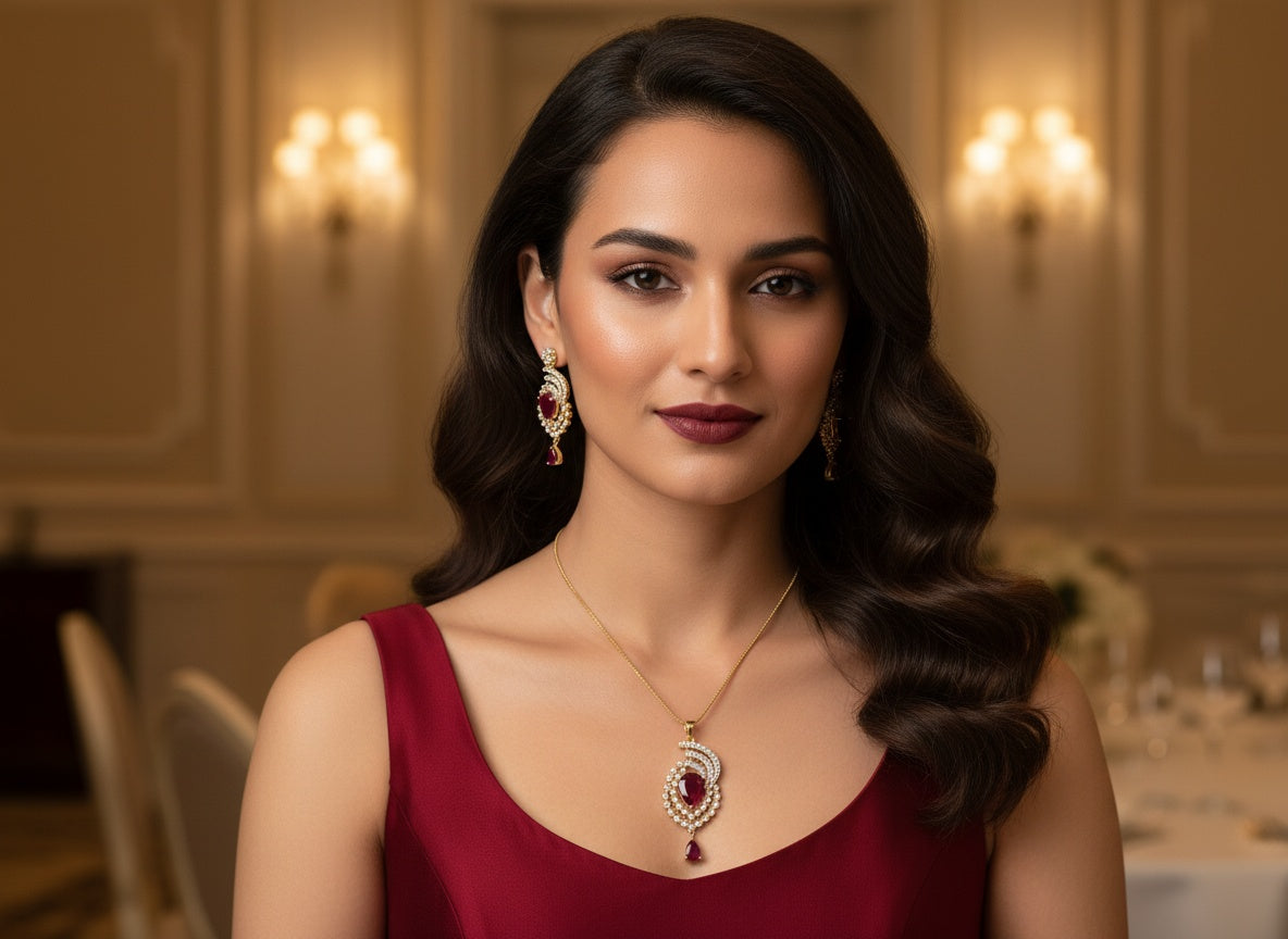 1058-American Diamond Delicate Pendant Set -Ruby