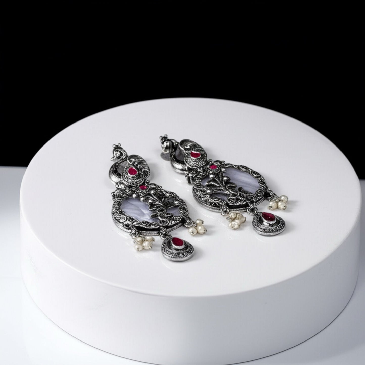 807198 Peacock Earring With Oxidised Plating-Ruby