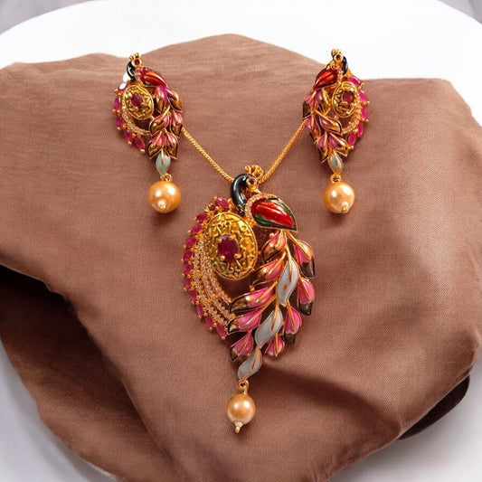 96409-PS-American Diamond Delicate Pendant Set With Gold Plating with Meenakari