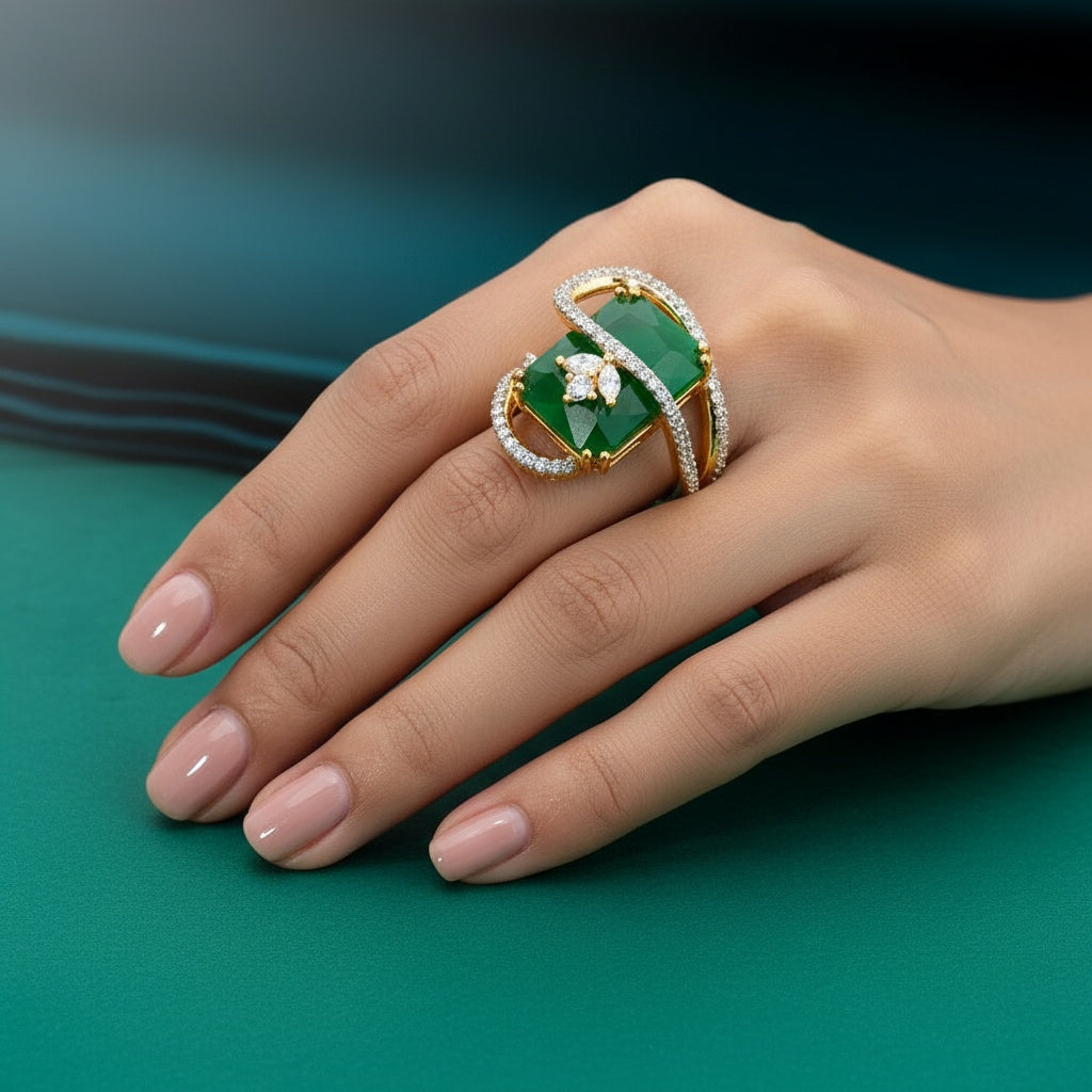 436341 Cz Adjustable Ring With 2 Tone Plating-Green