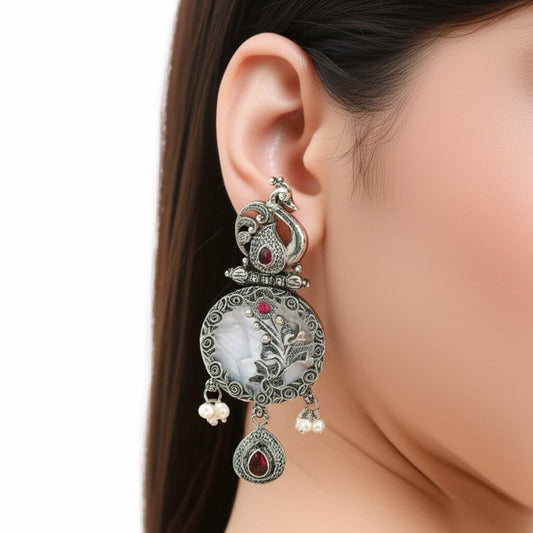 807198 Peacock Earring With Oxidised Plating-Ruby