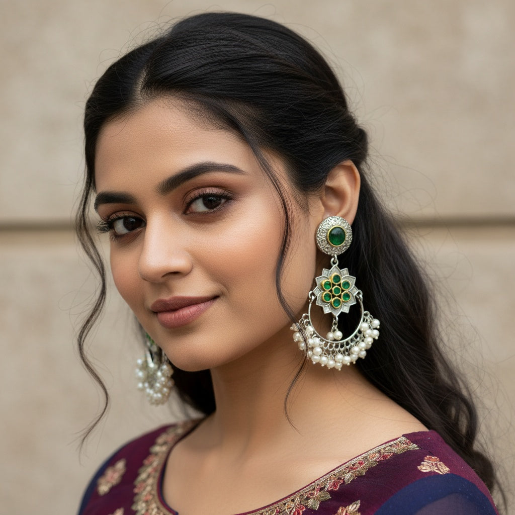 809603 Oxidised Classic Earring With 2 Tone Plating-Green