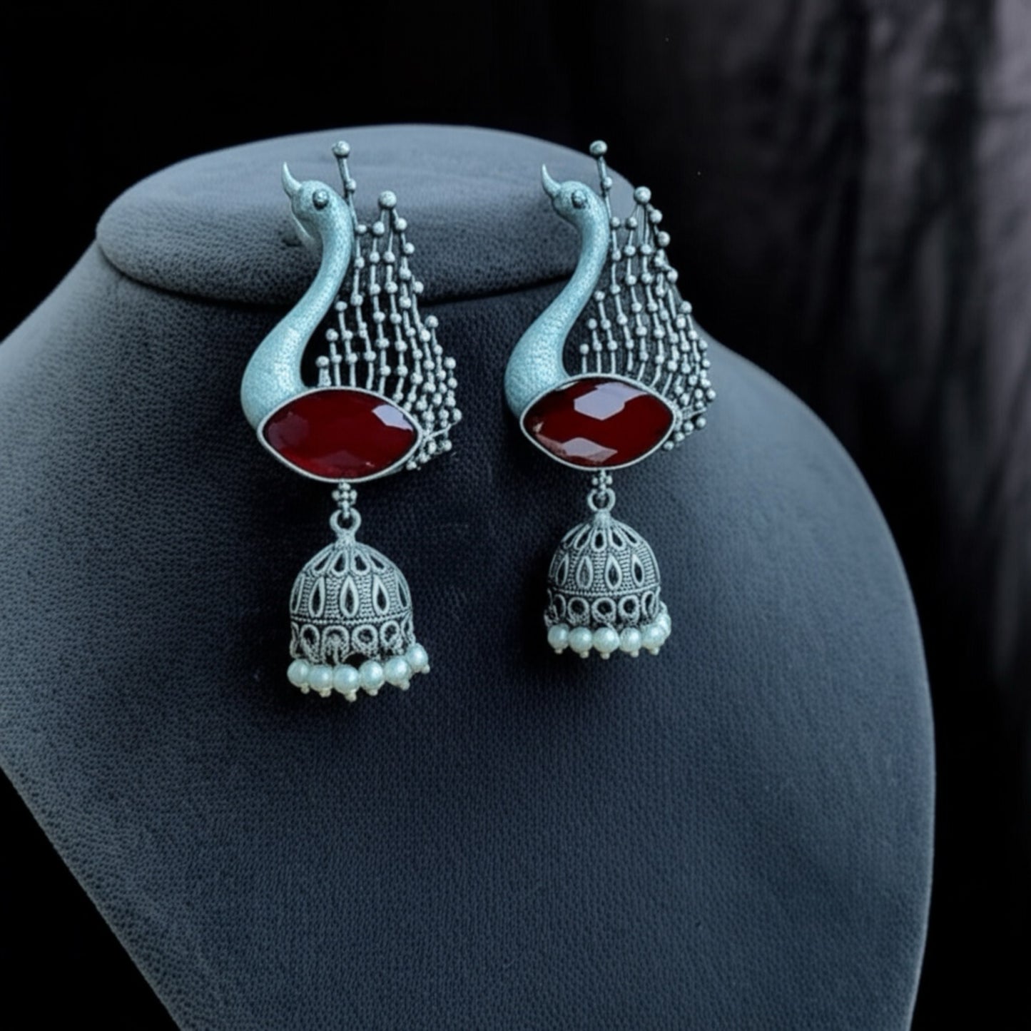 92209-ERO Pretty Precious Fashion Oxidised Silver Stylish Party Wear Earrings for Women and Girls-Ruby