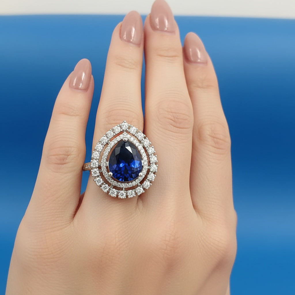 439312 Cz Adjustable Ring With Rhodium Plating-Blue