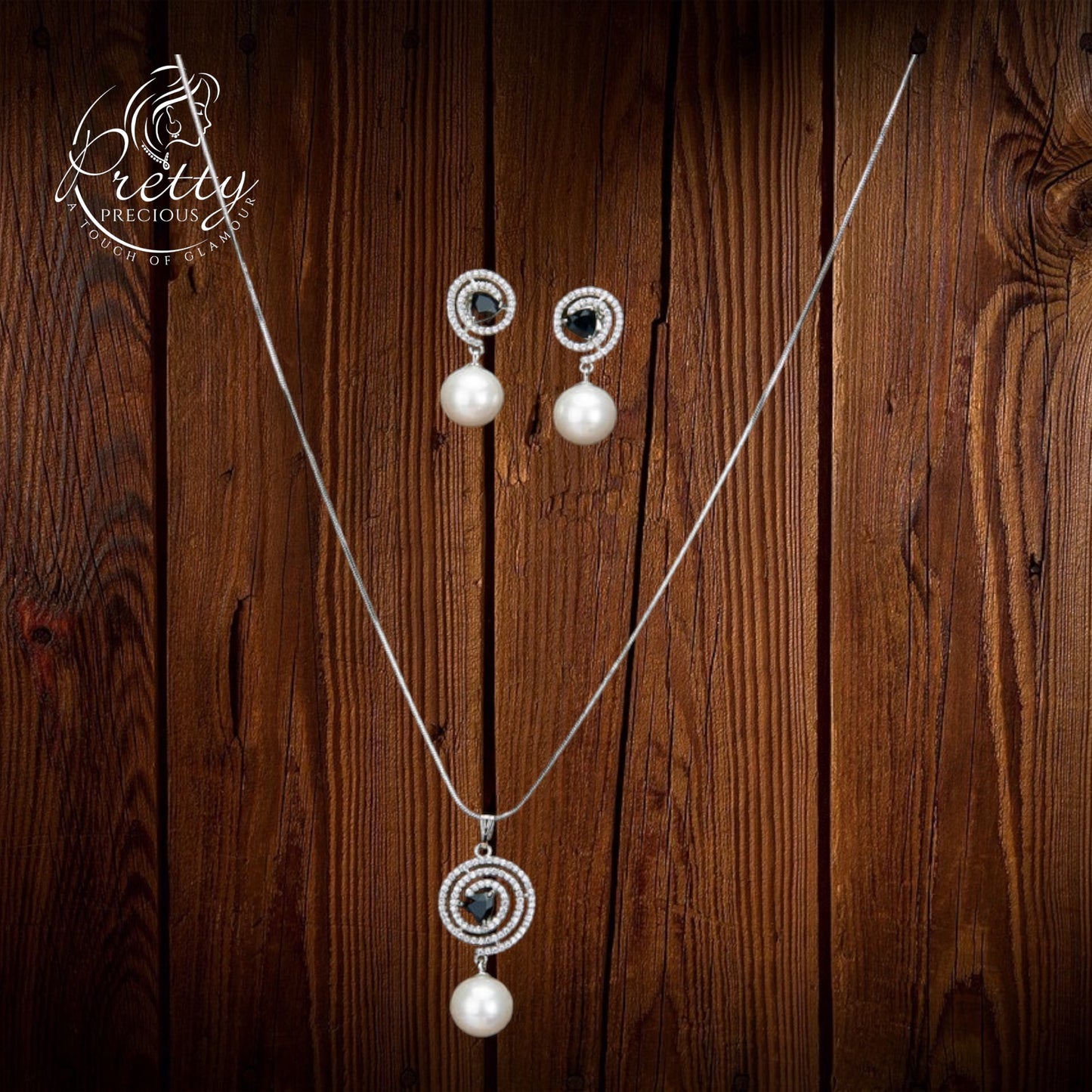 430606 Cubic Zirconia Pearl Pendant Set With Rhodium Plating-Black