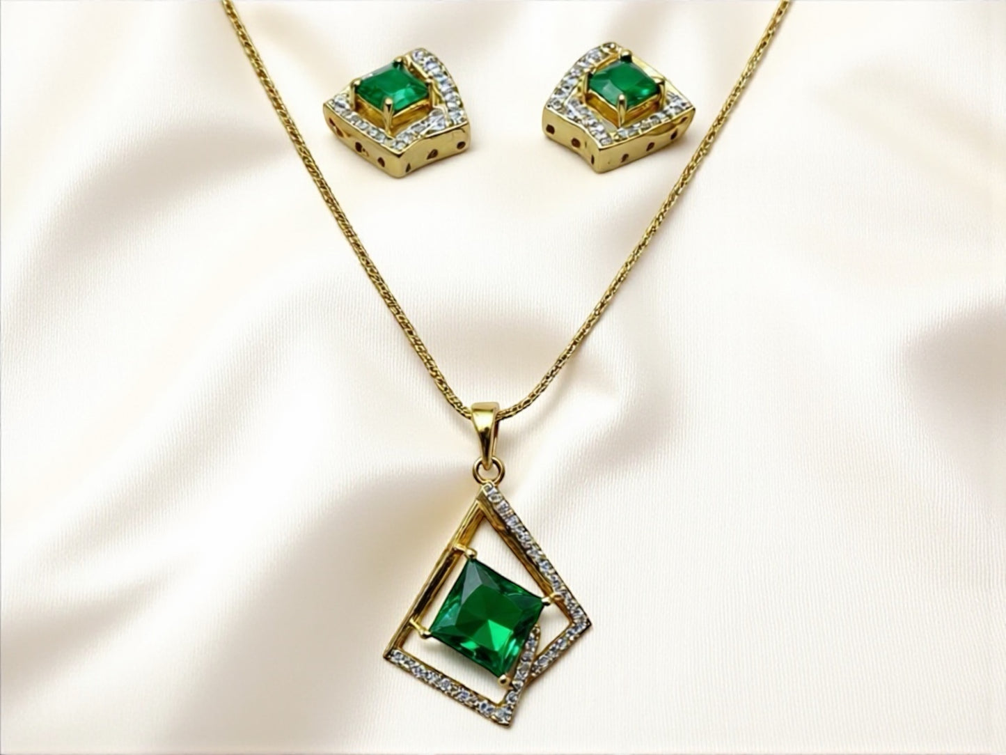 1063-American Diamond Delicate Pendant Set -Green