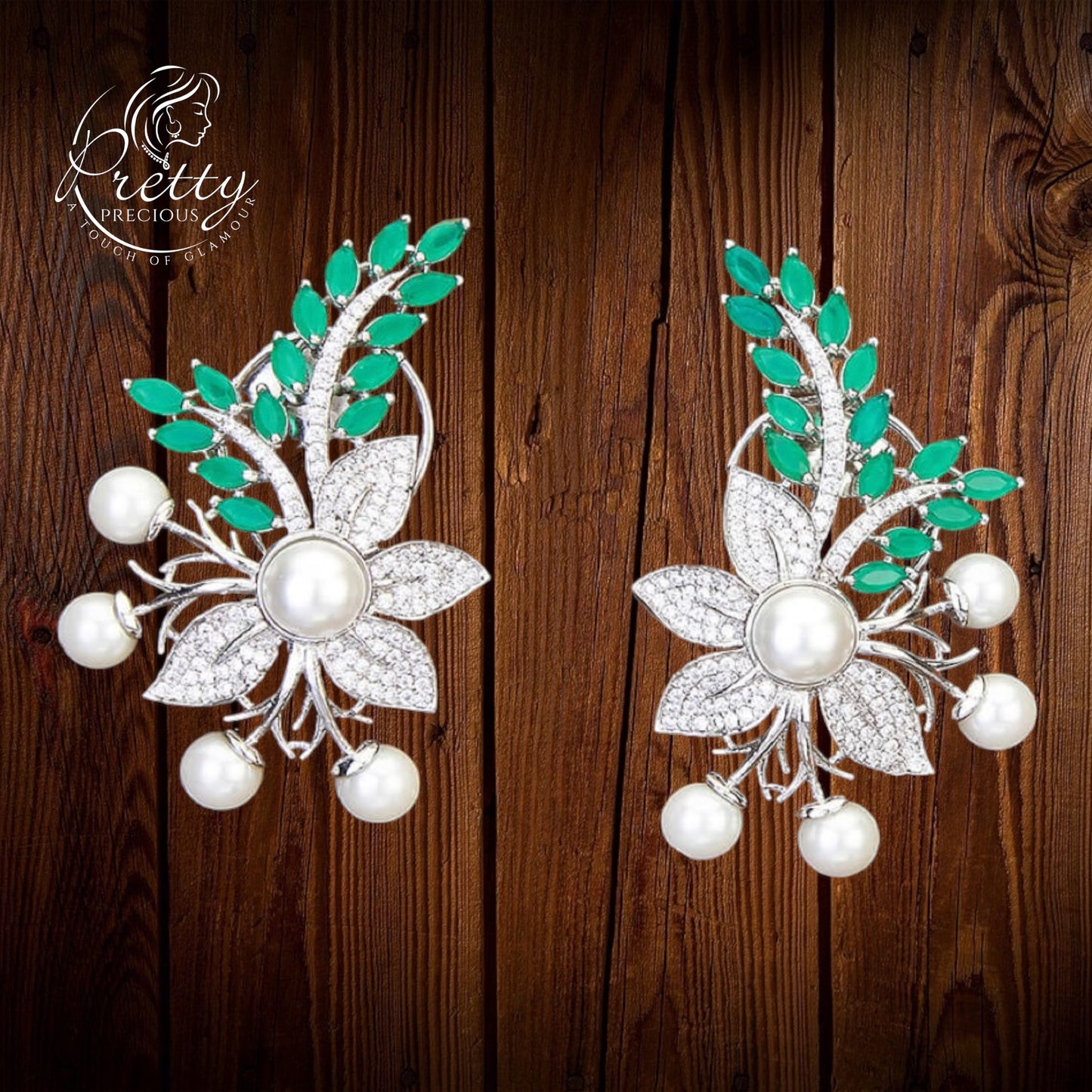 426148-G Cz Classic Earring With Rhodium Plating-Green