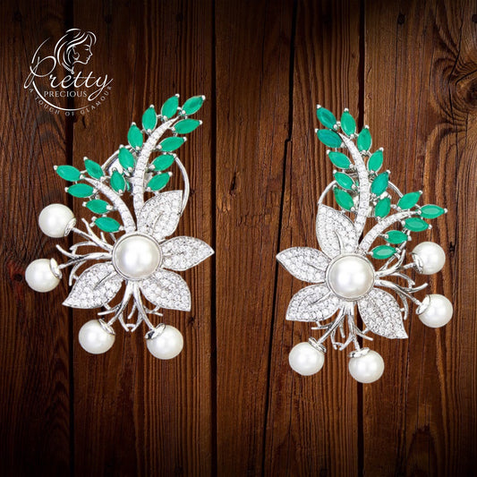 426148-G Cz Classic Earring With Rhodium Plating-Green