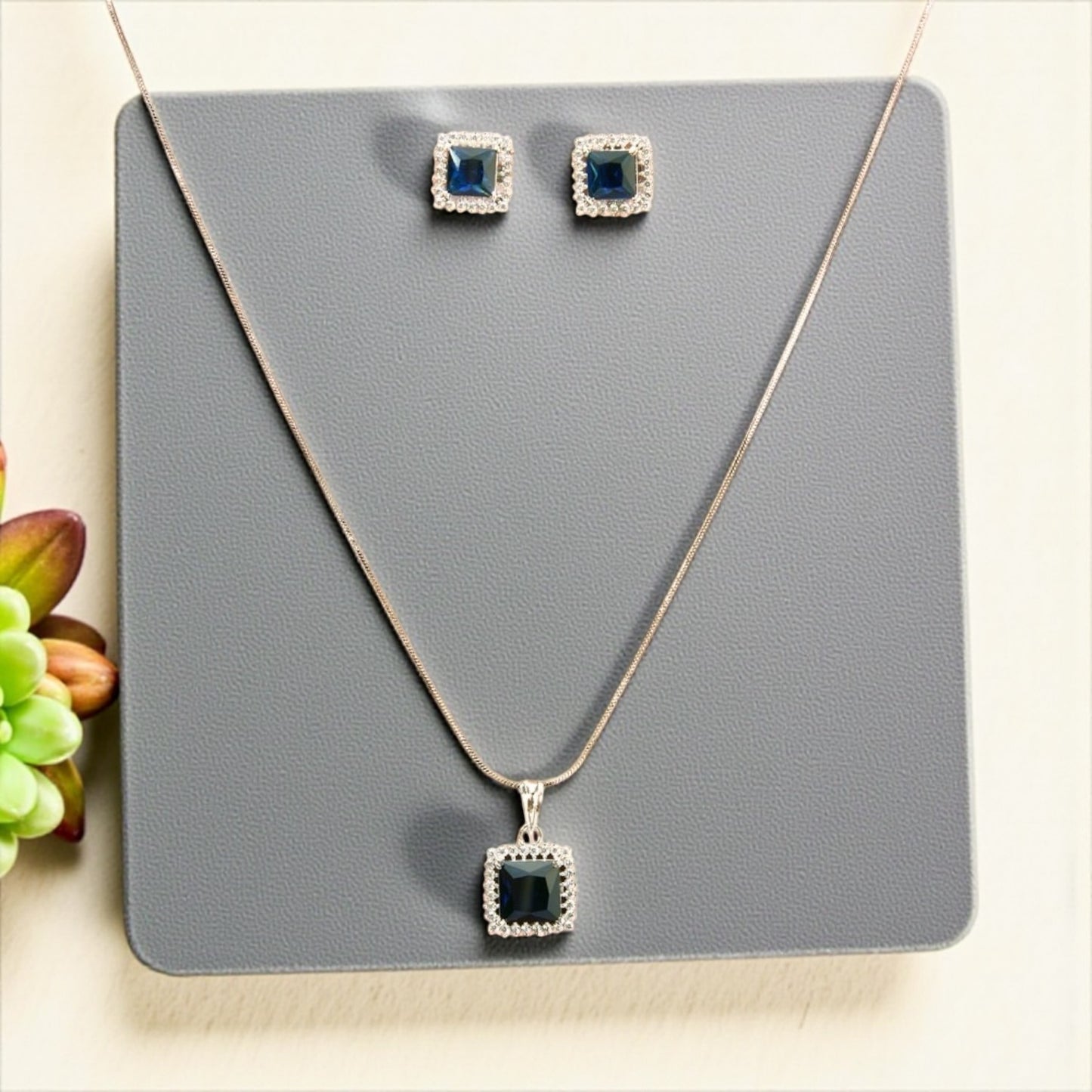 433093-American Diamond Delicate Pendant Set With Rhodium Plating-Blue