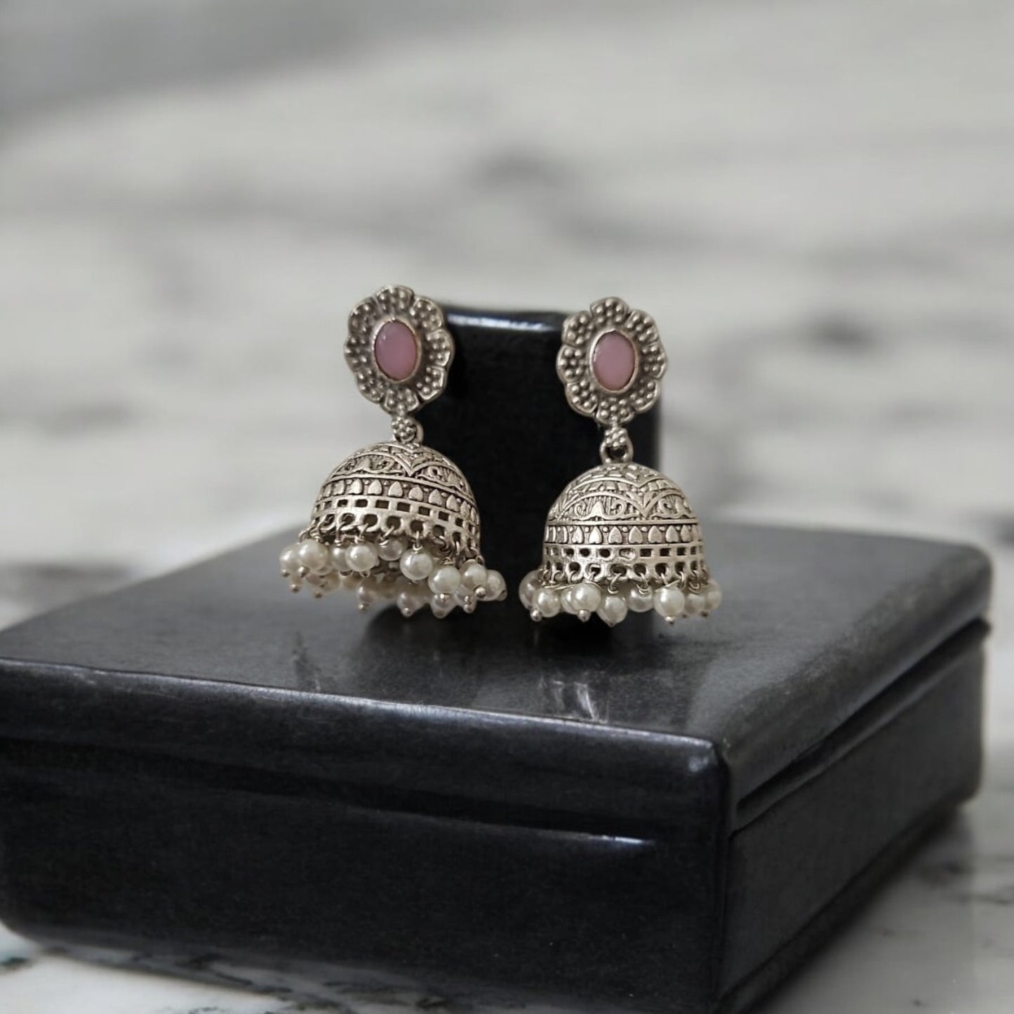 35105 Pretty Precious Fashion Oxidised Silver Stylish Party Wear Earrings for Women and Girls-Pink