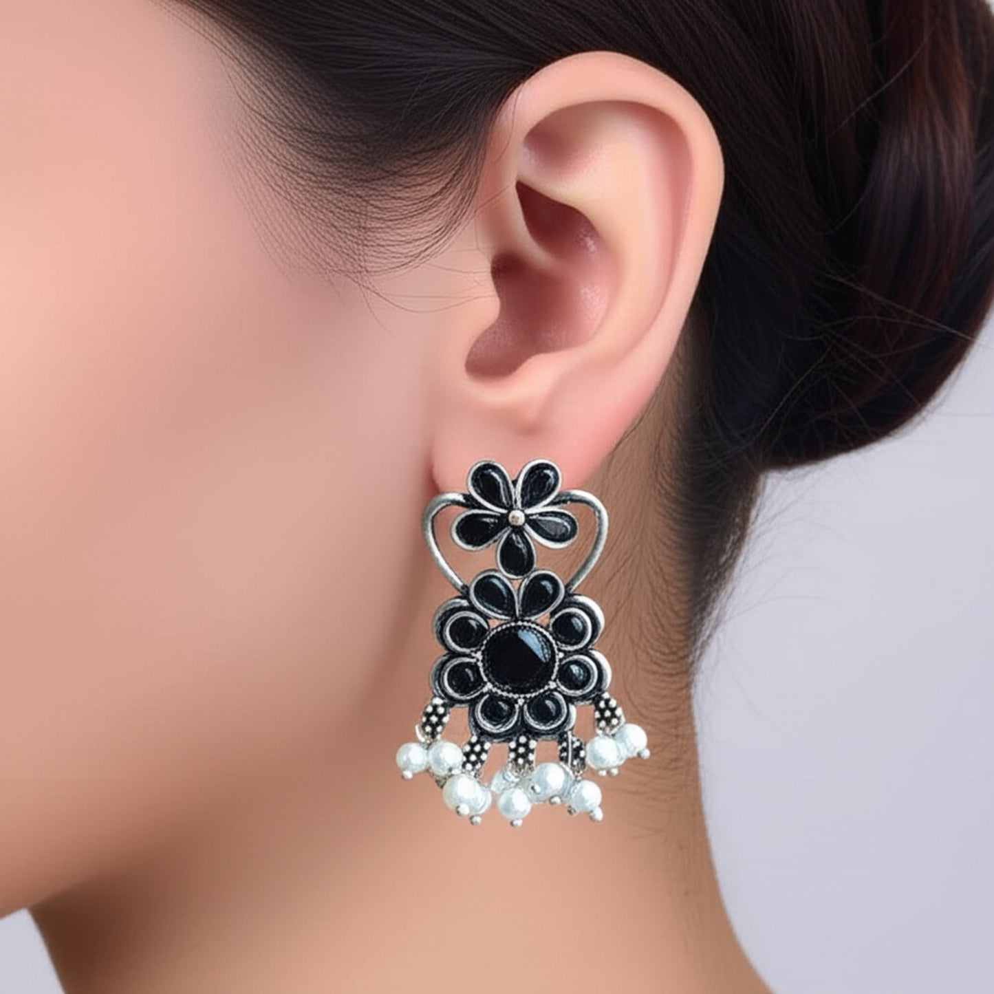 91999-ERO Pretty Precious Fashion Oxidised Silver Stylish Party Wear Earrings for Women and Girls-Black