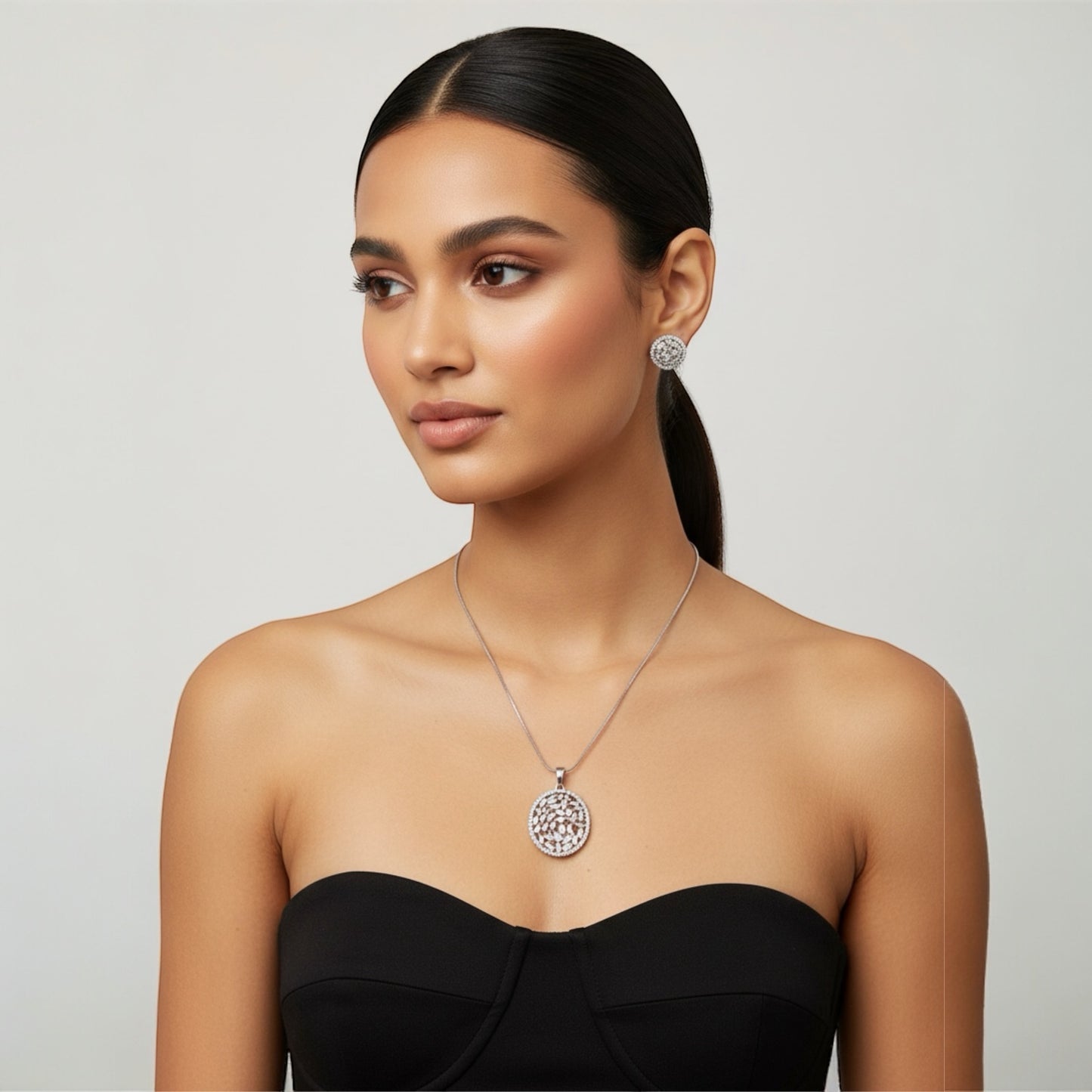 91909-PS-American Diamond Delicate Pendant Set With Gold Plating-Design 2